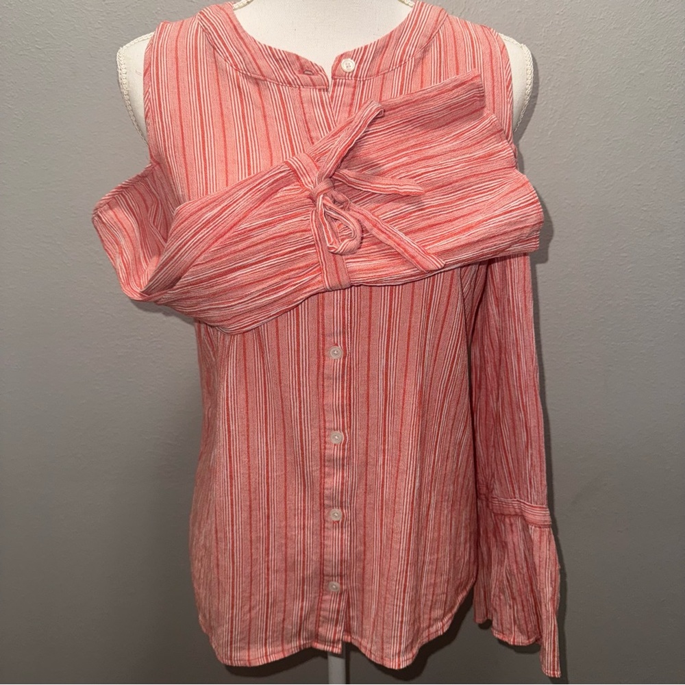 Michael Kors‎ Button Blouse Womens Med Orange White Stripped Cold Shoulder Shirt - Picture 5 of 13